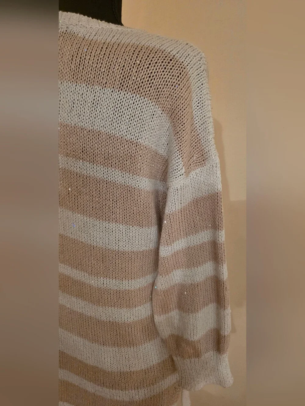 Saks Sparkley Ladies Striped Crewneck Sweater in Tan & White (Med) Viscose Blend